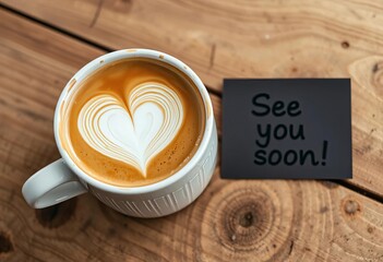 Warm latte art heart in cozy mug beside "See you soon" card on rustic wood,  beverage,  hot drink