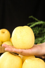 Fresh Yellow Apple in Hand - Healthy Fruit Concept
