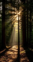 Obraz premium Sunlight Streaming Through Forest Trees.