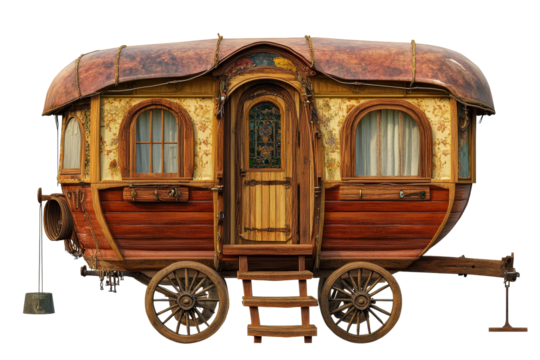 Intricate handcrafted caravan showcasing vintage design with ornate details and warm wood finish, ideal for travel enthusiasts and adventurers seeking unique accommodations