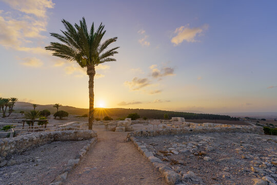 Sunset view of archaeological ruins in Tel Megiddo