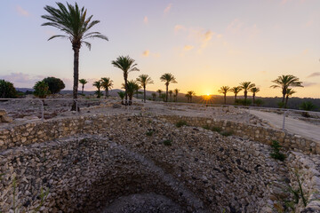Sunset view of archaeological ruins in Tel Megiddo