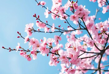 Pink cherry blossoms bloom on tree branches against a vibrant blue sky, creating a dreamy spring scene,  soft,  petals
