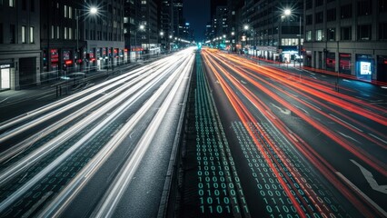 A multi-lane highway at night with light trails and binary code on the road surface.