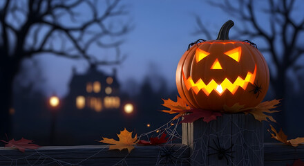 Glowing jack-o'-lanterns with bats and warm lights create a spooky Halloween night scene