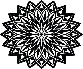 Vector art of intricate black and white mandala design featuring geometric shapes, floral elements, and symmetrical patterns, creating a visually stunning and decorative ornament