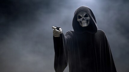 Dark Hooded Skeleton Figure Pointing in Mysterious Foggy Atmosphere