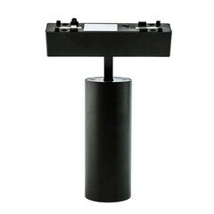 Black magnetic track spotlight LED 24W with smart dimming, 48V, isolated on a white background, modern adjustable lighting for interiors.