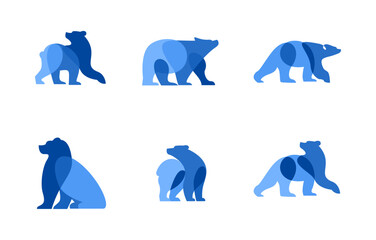 Stylized Blue Bear Icons and Logos Set in Modern Flat Design Style