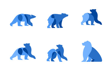 Blue Abstract Geometric Bear Logo Icons Set - Modern Minimalist Animal Silhouettes