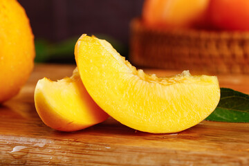 Fresh Golden Yimeng Mountain Nectarine Slices on Wooden Board - Healthy Fruit Photography