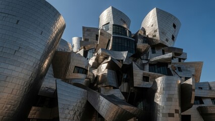 The metallic, deconstructed facade of a modern architectural building.