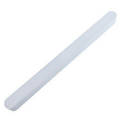 White LED linear light isolated on white background, modern ceiling fixture used for stretch ceiling, office, home and commercial interior lighting.