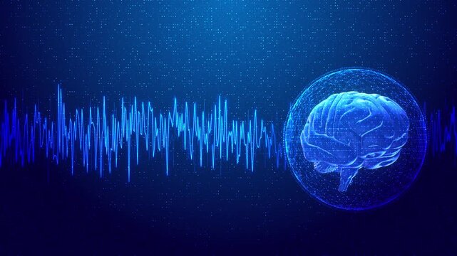 Video footage of digital human brain particle grid structure glowing against dark background combined with dynamic audio waves, for technology, AI, medical, neuroscience, futuristic design projects.