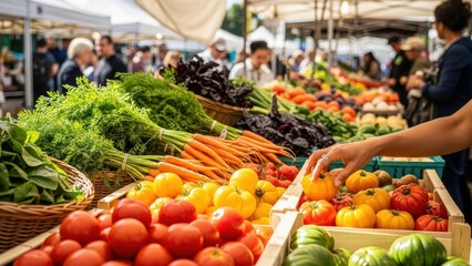 A person's hand selecting fresh tomatoes at a bustling outdoor farmers market.