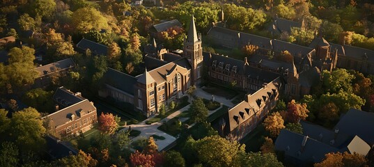 Aerial view of historic college campus with fall foliage and architecture photography landscape building scene