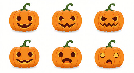 A fun collection of six carved Halloween jack-o'-lanterns displaying a variety of cute, spooky, and funny emotional expressions, isolated on a white background