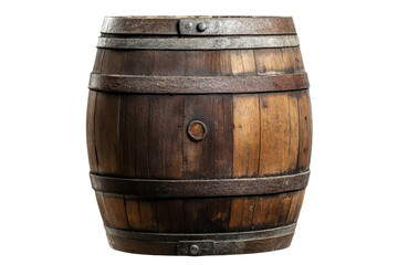 Obraz premium Wooden barrel displayed on a white background highlighting rustic craftsmanship and texture from a crafted wine or beer storage container