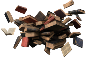 Books lift off in a whimsical flight, defying gravity while showcasing their textured covers and varied colors