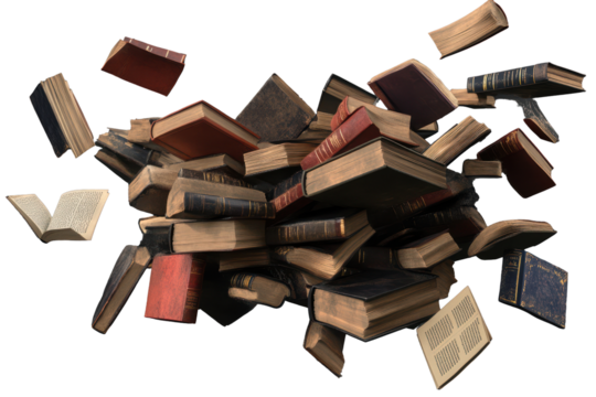 Books lift off in a whimsical flight, defying gravity while showcasing their textured covers and varied colors