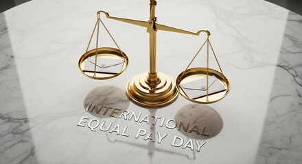 Detailed gold justice scales on a white marble background with "INTERNATIONAL EQUAL PAY DAY" reflection for justice and equality concepts