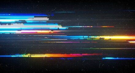 Abstract Glitch Art Background with Colorful Light Streaks and Digital Pixelation Effect; Modern Design