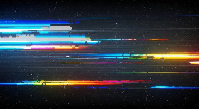 Abstract Glitch Art Background with Colorful Light Streaks and Digital Pixelation Effect; Modern Design