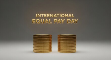 International Equal Pay Day concept with two identical stacks of gold coins for financial fairness and social justice concepts