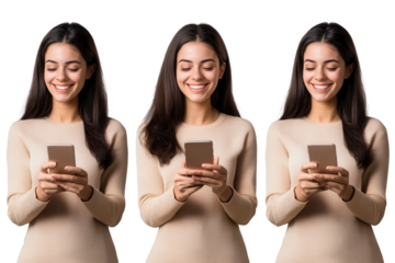 Happy woman text messaging on mobile phone in cozy indoor setting while enjoying a light moment during the afternoon with a warm smile