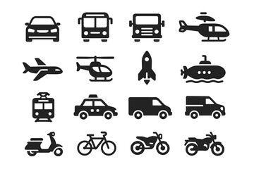 Collection of various black transport vehicle icons including helicopter, submarine, and bicycle