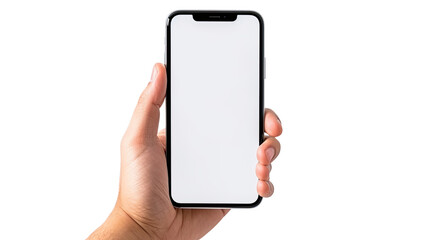 Hand holding smart phone isolated on white background
