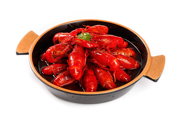 Spicy Red Crawfish in Cast Iron Pan Isolated on White Background - Louisiana Cajun Seafood