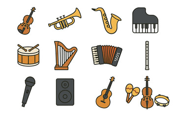 Various musical instruments collection: violin, trumpet, saxophone, piano, drums, harp, accordion, flute, microphone, guitar