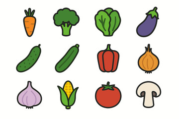 Colorful cartoon vegetables: carrot, broccoli, lettuce, eggplant, cucumber, pepper, onion, garlic, corn, tomato, mushroom
