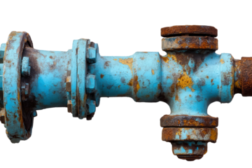 Rusty blue water pipe isolated with detailed texture showcasing the wear and tear from external elements and prolonged exposure