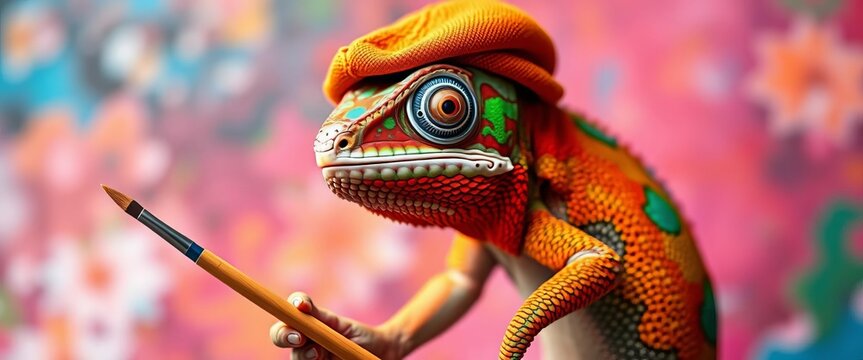 A chameleon in a beret, holding a paintbrush, vibrant background, creative, paintbrush