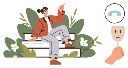 Young woman seated on stacked books with greenery, pointing upward. A held happy mask conveys happiness, learning, mindfulness. Ideal for self-growth, optimism, education, mental health motivation