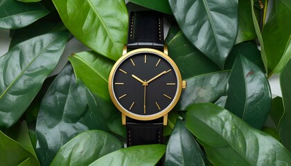 Luxury black and gold wristwatch with green leaves background