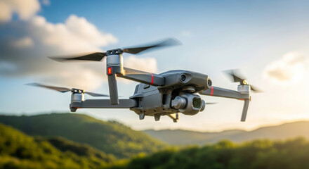 Modern Drone Flying Over Green Mountain Landscape Against Blue Sky at Sunset. Close Up Shot of Drone with Rotating Propellers.