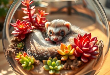 Obraz premium A playful ferret snuggles amongst succulents in a glass bowl, sunlight streaming in, ferret, animal photography