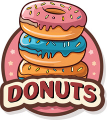 Vector art of a colorful stack of three cartoon donuts with pink, blue, and orange icing, topped with sprinkles and presented with the word donuts