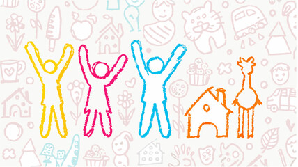 Colorful crayon drawing of people with raised arms and houses and animals on a white background pattern