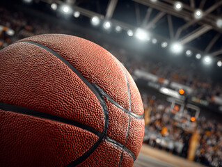 Closeup of a basketball on a court with blurred crowd and lights