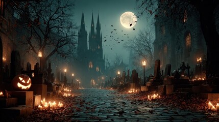 Obraz premium Halloween night scene background with castle with halloween pumpkin within flames in the graveyard and bats in the night