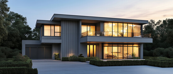 Fototapeta premium High-quality twilight rendering of modern two-story house