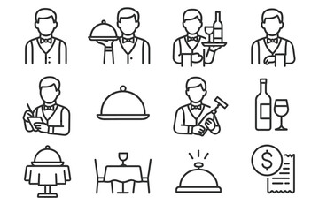 Line icons of waiters serving dishes and drinks in restaurant settings