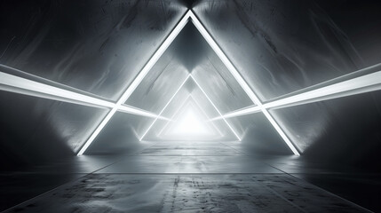 Glowing lines illuminate the geometric tunnel composed of glass cubes, creating a surreal and captivating atmosphere