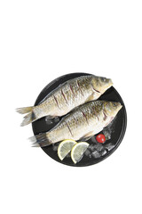 Fresh Raw Carp Fish on Black Plate with Ice and Lemon Slices White Background