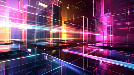 A dynamic holographic backdrop features a vibrant grid composed of neon lines and translucent shapes, evoking a sense of advanced technology and digital innovation in a futuristic setting