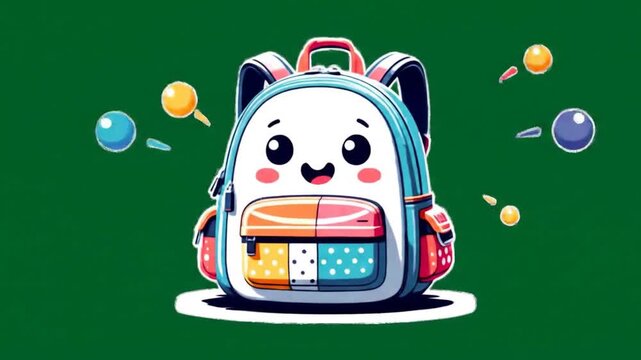 A cheerful cartoon backpack with colorful patches and a happy face, set against a solid green background